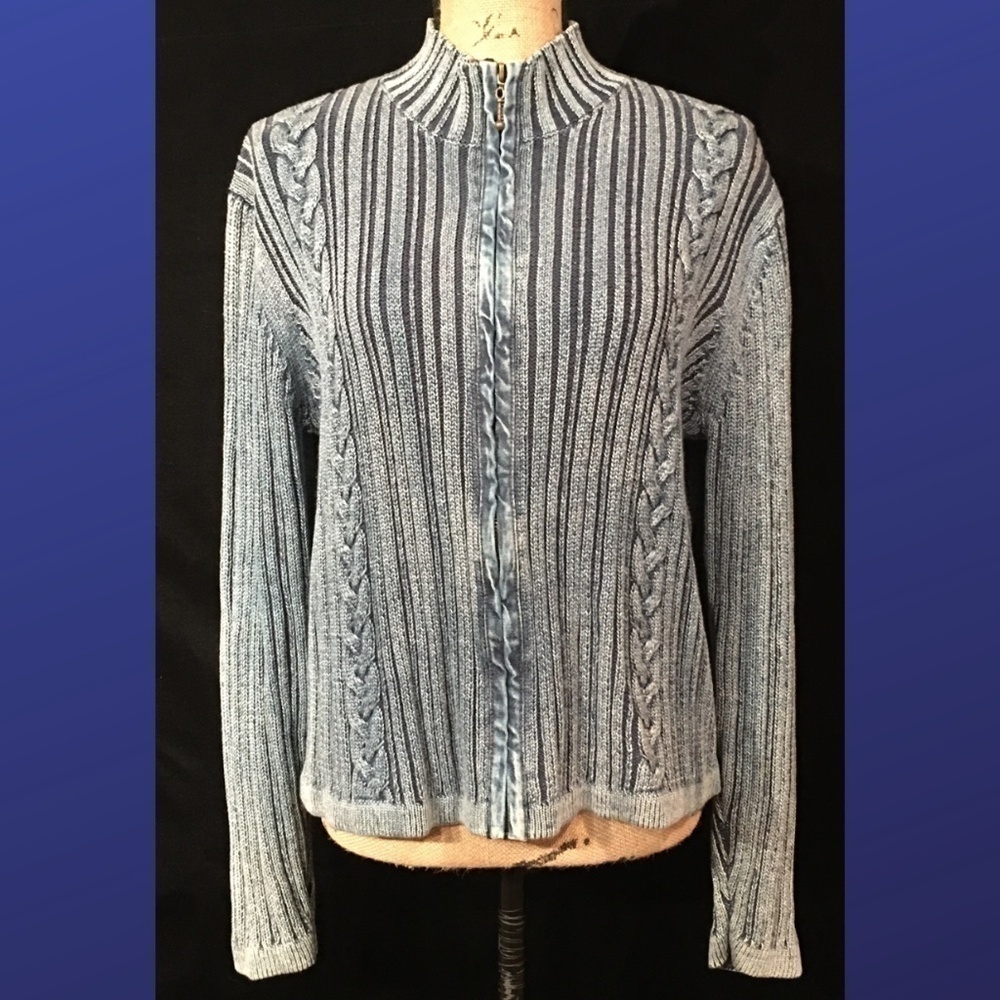 𝅺PBJ BLUES Zip-Up Cardigan, DISTRESSED DENIM BLUE, Women’s Size Large, NWOT